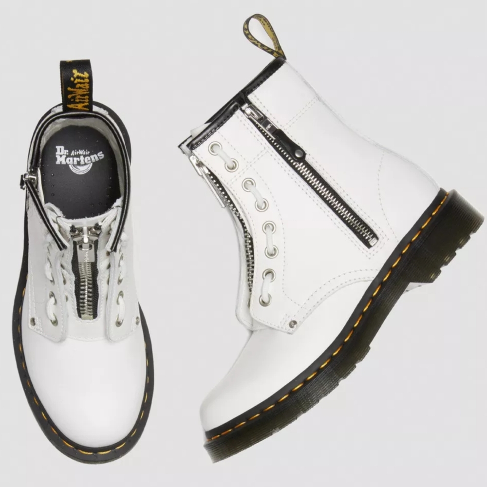 DR. MARTENS AIRWAIR  DOUBLE ZIP WHITE LEATHER LACE UP COMBAT BOOTS SENDEL
